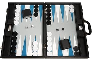 Silverman & Co. 19-inch Premium Backgammon Set - Large Size - Black Board, White and Astral Blue Points