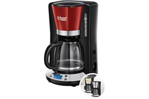 Russell Hobbs Cafetera de Goteo [15 tazas, 1100 W] Colours+ Red (jarra cristal 1.25 l, tecnología WhirlTech, pantalla LCD, temporizador programable, filtro extraíble, mantenimiento calor) 24031-56