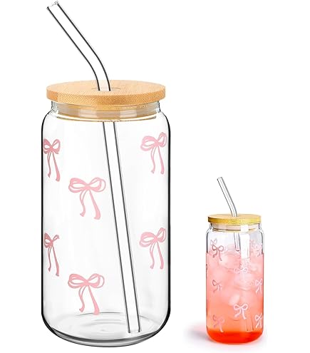 Verre 500ml Avec Couvercle Et Paille - Design Nœud Rose, Aesthetic, Pour Café Glacé, Matcha Latte, Smoothie, Réutilisable