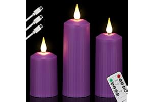 FREEPOWER 3 candele LED viola ricaricabili con telecomando timer tremolante, luce bianca calda, dimmerabili, con cavo USB-Type-C, impermeabile, diametro 5 cm