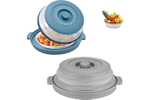 FEADBYT 2 Stück Faltbare Mikrowellen Abdeckung, Mikrowellendeckel Spritzschutz, Filterkorb mit Dampflöchern, Mikrowellenhaube mit Dampflöchern, Wiederverwendbar, für Obst und Gemüse, Grau, Blau