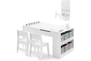 GYMAX 2 in 1 Kids Table and Chairs Set, Wooden Children Art Table with 2 Chairs, 6 Storage Boxes, Paper Roller & Shelves, Toddler Activity Table Set for Drawing (White, 6 Cups: 109 x 60 x 53cm)