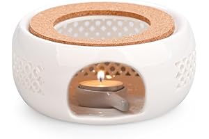 LEONSHCO Réchaud pour théière, réchaud en céramique, théières en porcelaine, café, thé ou lait, chauffage et stockage de théière avec coussin en liège avec bougeoir