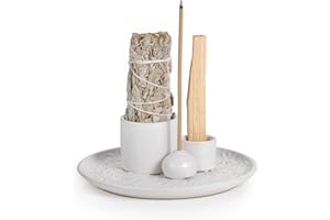 TYNTUH Porta Salvia in Ceramica, Porta Incenso 3 in 1 per Palo Santo e Salvia, Vassoio Artigianale per Cenere da Meditazione (Bianco)