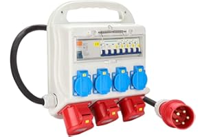 Randaco Interruttore di protezione FI, 2xCEE 400 V/16 A+4x230 V, Schuko IP44, distributore di corrente a 5 poli, distributore con cavo, coperchi di sicurezza per cantieri