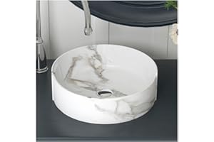 MEJE Éviers de salle de bain au-dessus du comptoir de 42 cm, motif unique de marbre imprimé par transfert d'eau, évier rond pour salle de bain, lavabo en porcelaine et céramique (comprend un drain