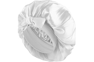 Abeillo Gorro de satén para dormir, 1 gorro de seda suave para el cabello con banda de corbata para cabello rizado trenzado de mujeres (blanco)