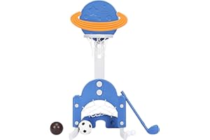 GYMAX 3-IN-1 Kids Basketball Stand, Basketball Hoop Set with Soccer and Golf Play, Height Adjustable Sports Activity Center for Toddler Children