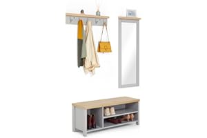 Mondeer Garderobenset, Schuhbank Wandspiegel und Garderobenständer mit 5 Haken Set, Holz Moderner Stil, für Eingang Flur, Grau