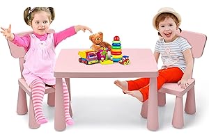 RELAX4LIFE Tavolino per Bambini con 2 Sedie in PP Atossico, Montaggio senza Attrezzo, Portata di 50 KG, Tavolo: 54,5x76,5x49,5cm, Sedie con Schienale: 36x35x66,5cm,Rosa