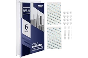 DASHER PRODUCTS Acrylic Sign Holder A4 - Clear Frame Paper Holder with Multiple Mounting Options Included, Wall Mount Poster Display Holder, Plastic Message Board for Home, Office, Store, Restaurant (A4 - 6 Pack)