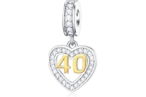 GLOWDAS 10 to 25 28 30 33 35 40 45 50 55 60 65 70 75 80 Birthday Charms, fit European Anniversary Bracelet/Necklace, Golden Number 925 Sterling Silver Heart Pendant with CZ, for Women/Men