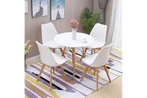 HomJoy Modern Design Dining Table and Chair Set, White Retro Lorenzo Chairs and 80cm Round Table for Dining Room Home Office Lounge(White * 4 + 80cm Table)