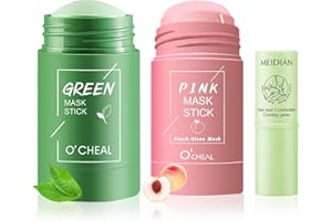 QJFHURB Green Mask Stick 2 Pièce Green Tea Deep Cleanse Mask Green Tea Mask Stick Point Noir Masque Solide pour l'Acné Pores Shrink Masque Visage Peach Mask Stick avec 1 Crème Hydratante Rafraîchissante