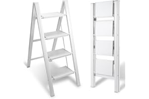 Eulenke Escalera plegable de aluminio de 4 peldaños, plegable, ligera, 4 peldaños, escalera antideslizante con cierre plegable, escalera plegable para el hogar, cocina, soporta hasta 150 kg, plateado