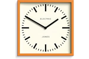 Jones Clocks® Box kolei zegar ścienny z tarczą - kwadratowy zegar - zegar stacji - zegar kuchenny - zegar biurowy - zegar retro - designerski zegar - kolorowa obudowa - tarcza stacji (Pomarańczowy)