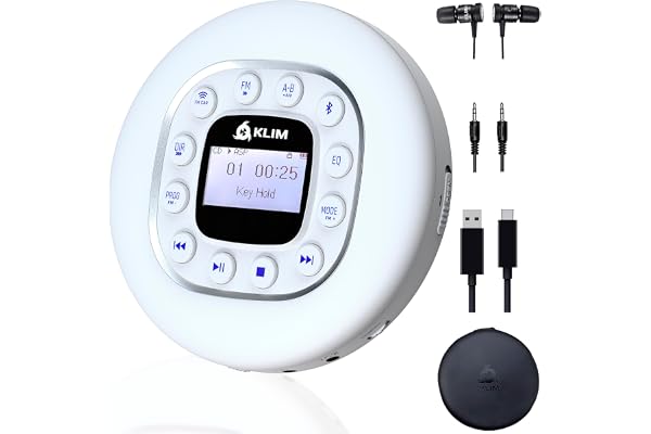 KLIM Journey + Lecteur CD Portable Walkman avec Batterie Longue Durée + NOUVEAUTÉ + Ecouteurs Inclus + Radio FM + Compatible MP3 + Carte SD, Transmetteur FM, Bluetooth + Idéal pour la Voiture - Blanc