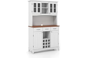 KOMFOTTEU Kredens kuchenny, wysoka szafka z 3 szufladami i 4 szafkami z drzwiami, szafka do jadalni z 2 otwartymi komorami i stojak na 9 butelek, 106 x 41,5 x 184,5 cm