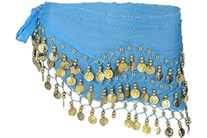 SamHeng Belly Dance Hip Scarf with 128 Dangling Gold Coins, Chiffon 3 Rows Skirt Wrap Belt, Dance Costume Accessories for Women Girls