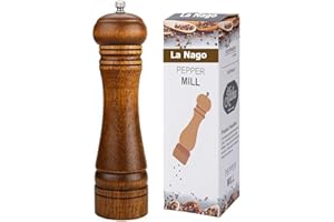 LA NAGO Wooden Pepper Mill Adjustable Stainless Steel Spice Grinder with Coarseness Ceramic Rotor, Refillable Spice Grinder Salt Shakers for Home Kitchen Use, 21 cm