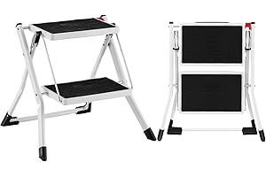 GYMAX Escabeau à 2 Marches Pliable avec Pieds Antidérapants, Échelle de Ménage 3 en 1, Chaise et Étagère de Rangement, Marchepied à 2 Niveaux Cadre en Fer et Pédales en PP