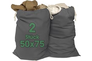 ELES VIDA® - 2 Stück Wäschesäcke 50x75 cm aus 100% Baumwolle - Extra große Wäschebeutel - langlebig, Mit Kordelzug, Reise Wäschesammler Wäschebox Kleidersack Aufbewahrung in Grau
