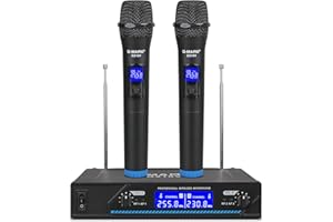 G-Mark Sistema de Micrófono Inalámbrico, Profesional de Doble VHF micrófono dinámico inalámbrico Sistema de micrófono de Mano para el hogar Karaoke, reuniones, Fiestas, Iglesias, DJ, Bodas, 200ft
