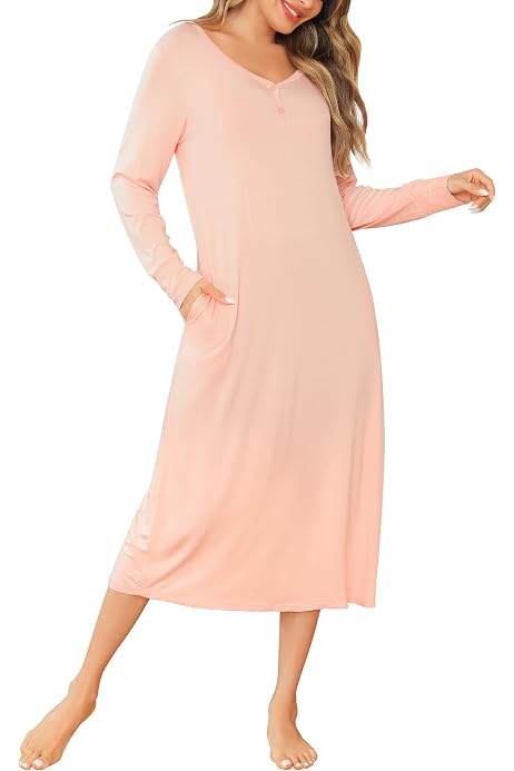 Chemise De Nuit Femme Migcaput | Manches Longues | Boutonnée Devant | Poches | Dentelle | Confortable