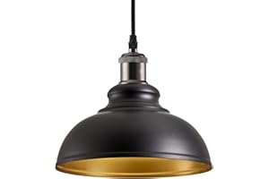 iTrend Metal Ceiling Lamp Shade - Easy Fit Light Pendant - Modern Ceiling Lighting Shade for Bedroom, Hallway, Office, Café, Restaurant - Industrial Light Shade Ceiling Pendant (Black/Inner Gold)