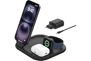 ‎BELKIN Belkin BoostCharge magnetyczna ładowarka ze składaną podstawką 3 w 1 Qi2 15 W, szybka ładowarka zgodna z MagSafe, do urządzeń Apple iPhone 16/15/14, Apple Watch, AirPods, zasilacz w zestawie – czarna