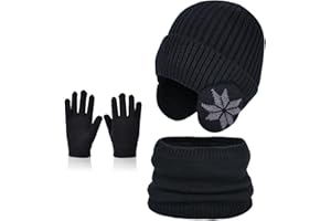 MAZELIKEHOOD Cappello Sciarpa Guanti per Bambino Set 3 Pezzi Invernale per Ragazzi Caldo Cappuccio con Paraorecchie Sciarpa e Guanti per Neve Regalo di Natale per Bambini 4-10 Anni