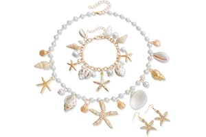 GGUFAY 3 Stück Frauen Meerjungfrau Kostüm Schmuck Set, Boho Quaste Körperschmuck Seestern Muschel Halskette Armband Perlen Seestern Haarspange Ohrringe Strandschmuck für Karneval