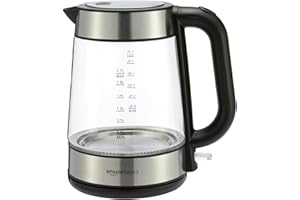 ‎AMAZON BASICS Amazon Basics Elektrischer Wasserkocher aus Glas, 1,7 l, 2200 W, Schwarz, Silber