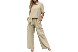 HAOLEI Set Lino Estivo Tuta Donna di Grandi Dimensioni Estate Set da 2 Pezzi e Pantaloni Lunghi con Coulisse Set di Due Pezzi di Lino e Cotone Leggero Confortevole da Casa Manica Corta T shirt + Pantaloni