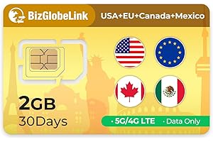 EIOTCLUB Carte SIM de Voyage Globale, 2 Go de données, 30 Jours, pour 33 Pays en Europe, USA, Canada, Mexique, Rechargeable, sans numéro de téléphone, Plug-and-Play