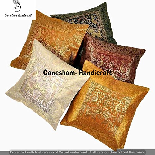 indiano a mano decorativo broccato di seta Zari tradizionale Home & Living Room Decor cuscino vintage federe mano ricamato etnico designer boho chic Bohemien cuscino divano throw (5 pezzo)