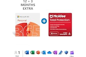 Microsoft 365 Personal | 15 month subscription | 1 person | 1TB OneDrive cloud storage + McAfee Total Protection | 12 month | Antivirus protection | PC/Mac | Activation required