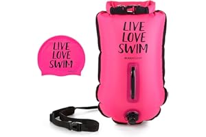 BUDDYSWIM Set Bouée de Natation en Eau Libre 20 litres et Bonnet de Bain. Pochette Etanche pour la Natation en Eau Libre avec Sac Impermeable Etanche et Bonnet de Bain en Silicone.