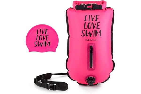 BUDDYSWIM Set Bouée de Natation en Eau Libre 20 litres et Bonnet de Bain. Pochette Etanche pour la Natation en Eau Libre avec Sac Impermeable Etanche et Bonnet de Bain en Silicone.