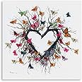 Yidepot Butterfly Canvas Print Wall Art for Bedroom: Heart Shaped Branches Surrounded by Colorful Butterflies Love Themed Picture for Teen Girls (30x30CM)
