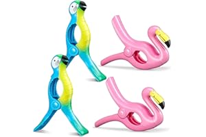 DSLIHA Beach Towel Clips, 4 Pcs Large Laundry Clip Clothes Pegs for Washing Line, Flamingo Beach Towel Clip for Sunbeds, Sun Loungers, Pool Chairs, Laundry (Flamingo + Parrot 4 Pcs)