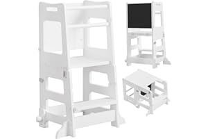 Yorbay Torre de aprendizaje 3 en 1 a partir de 1 año: Torre de aprendizaje Montessori con pizarra – Torre de aprendizaje para niños con pies de seguridad – El taburete convertible en mesa y silla