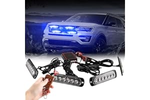 Teguangmei 4x6 LED Car Emergency Strobe Flashing Beacon Lights 4 in 1 Surface Mount Grill Light Warning External Light with Wireless Remote for Vehicle Truck Trailer Van DC12V Blue