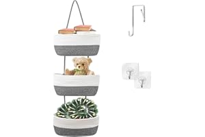 Kongming 3-warstwowy organizer na drzwi, lniany regał wiszący z liny bawełnianej, organizer ścienny, organizer na drzwi do łazienki, na kemping (biały z ciemnoszarym)