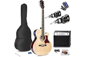 MAX ShowKit Elektro Akustik Gitarre Set mit Verstärker 40 Watt, Gitarrentasche, Gitarrenstimmgerät, Kabel, Plektrum und Sender & Empfänger, E Akustikgitarre mit Tonabnehmer, Natur Holz
