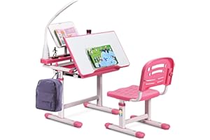 COSTWAY Kids Study Desk and Chair Set, Adjustable Children's Table with Eye-protection Lamp, Bookstand, Tilted Desktop, Ideal for Writing, Reading and Drawing (Pink)