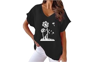 HAOLEI T-Shirt Magliette Lino Donna Estiva, Magliette in Classico e Lino Donna Vintage Blusa T-Shirt a Maniche Corte Confortevole Scollo V Casual Tops Stampa Camicetta Sciolto Maglietta Estate e Traspirante