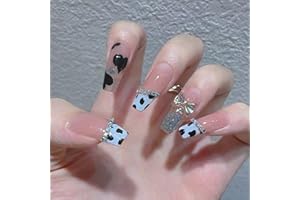 WOOXDYUK Nail Art Set,Press On Nails Medium French Tip, French Cow Nails, Pack of 24 False Nails with Imported Jelly Glue +1 Nail rub +1 Alcohol Pack +1 Nail Remover