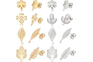 DICOSMETIC 32 pz 4 Stili 2 Colore Foglia Orecchini A Bottone con Dadi per Orecchie Fiore Orecchini A Bottone con Anello Orecchini A Lobo Ipoallergenici per La Creazione di Gioielli, Perno da 0.7 mm