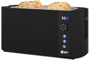 Balter Toaster 4 Scheiben, Langschlitz, Edelstahl, Brötchenaufsatz, LCD Display mit Restzeitanzeige, Auftaufunktion, Brotzentrierung, Krümelschublade, TS-04-LCD, Farbe: Schwarz